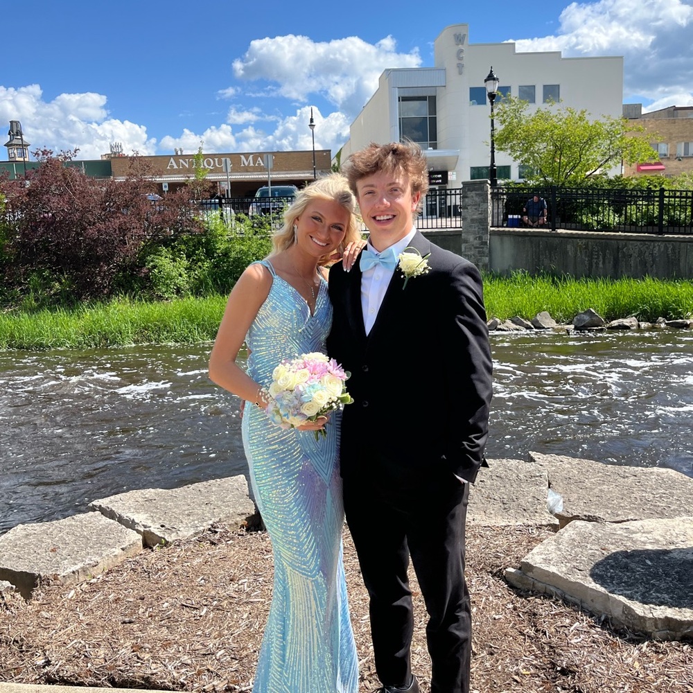 Windsor Blue Sequin Prom Dress with Plunging Neckline - Picture 9 of 11